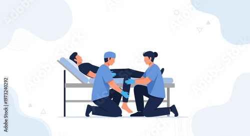 Physical therapy session: two therapists assist patient on examination table
