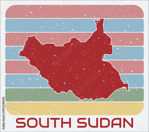 South Sudan vintage logo. Shape of the country on retro colored stripes background. South Sudan map design with grunge scratch texture. Vector illustration.