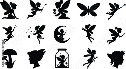 Silhouette fairy line icons set. magic, fantasy, wings, enchanted, mythical vector illustration