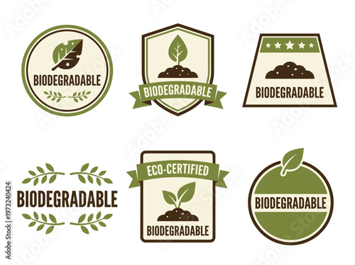 Biodegradable product label emblem set, eco friendly leaf icons and sustainable packaging badges