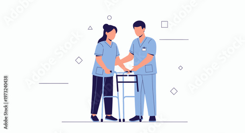 Physical therapist assisting patient with walker, rehabilitation and recovery concept