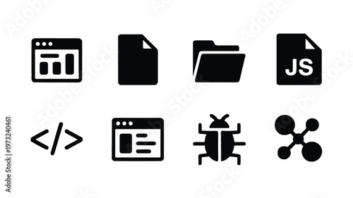 collection of web development and coding related icons on white background