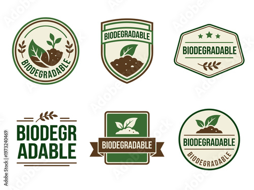 Eco friendly biodegradable labels, sustainable packaging emblems with leaf motifs and organic icons