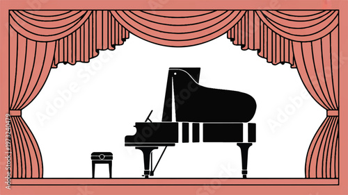 grand piano and stool on a stage with red curtains