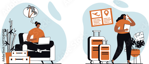 Digital nomad planning a tropical vacation and working remotely at home