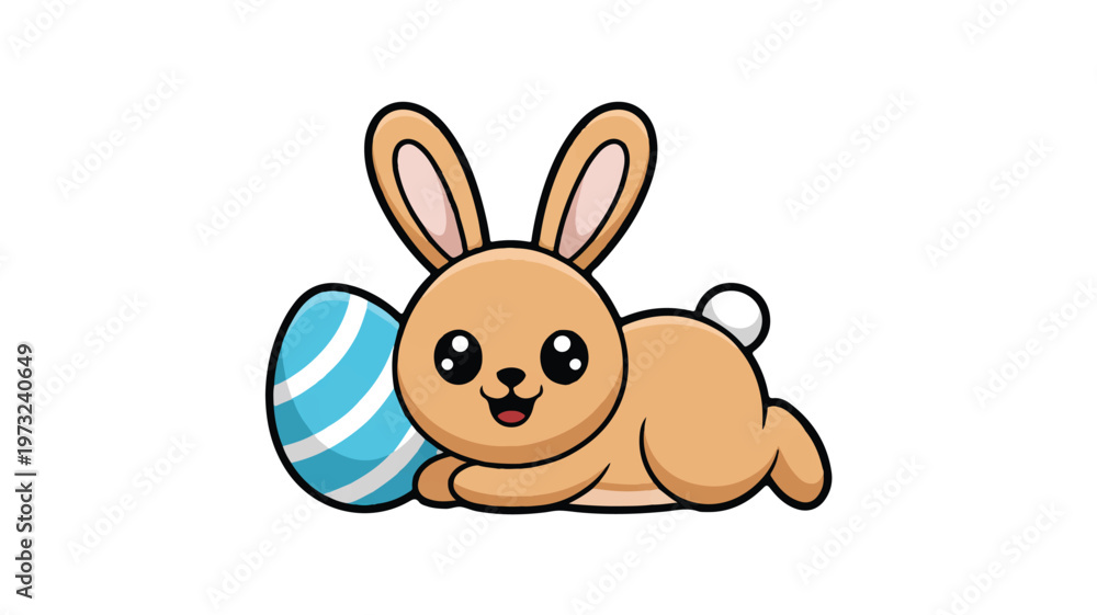 Fototapeta premium Cute cartoon bunny lying with blue Easter egg