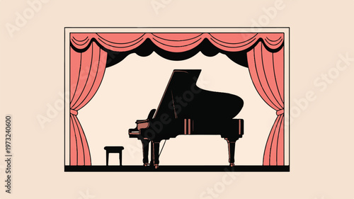 grand piano on a stage with red curtains