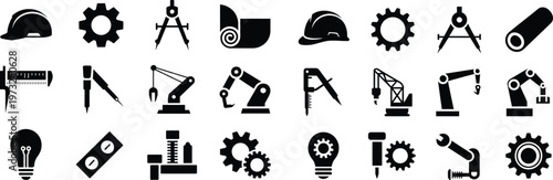 Industrial Tools Silhouette Icons Set – Construction, Machinery, Engineering, Equipment Vector Illustration