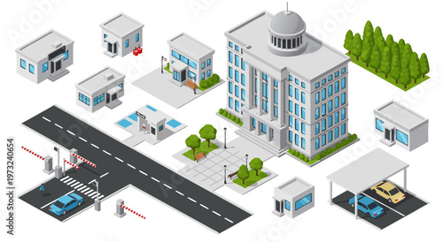 Isometric vector illustration of modern city buildings and infrastructure, a collection of architectural elements for urban planning and design