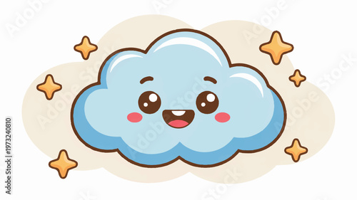 Cute smiling blue cartoon cloud with stars around  happy fluffy character