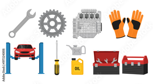 Vector illustration of car repair tools, automotive equipment, and engine parts, depicting mechanical services and auto industry elements