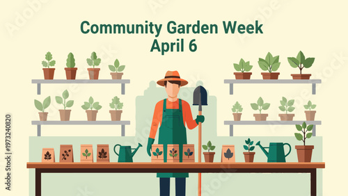 Community Garden Week April 6 Indoor Gardening Illustration, Gardener with Plants and Seed Packets, Urban Farming and Sustainable Living Concept Flat Vector Design