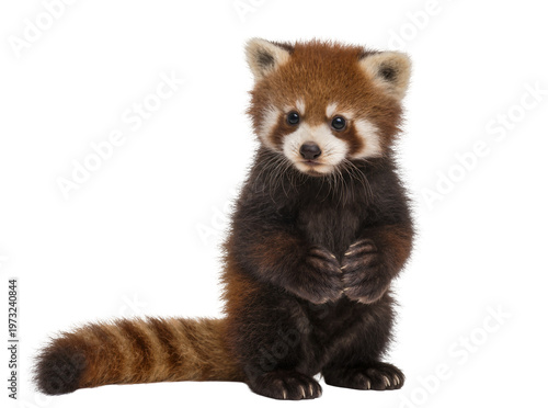 Isolated adorable baby red panda standing up on hind legs and looking curiously