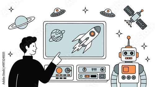 man and robot looking at a screen with space icons