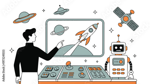 Man and robot controlling spacecraft launch with planets and stars on screen