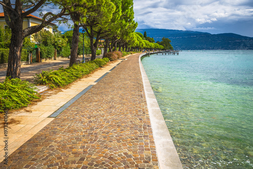 Great waterfront walkway and Lake Garda, Toscolano Maderno, Lombardy, Italy