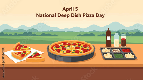 National Deep Dish Pizza Day April 5 Food Illustration, Chicago Style Deep Dish Pizza with Toppings and Ingredients, Italian Cuisine and Comfort Food Concept Flat Vector Design
