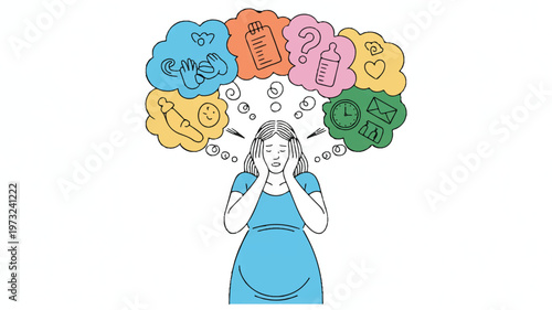 Pregnant woman with colorful thought bubbles above her head feeling stressed  many things to think about