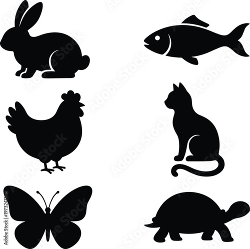 Animal silhouette collection rabbit chicken butterfly fish cat turtle, diverse wildlife illustration, nature design, animal kingdom variety, black silhouette art