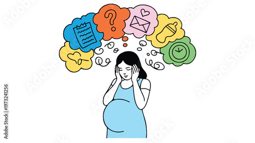 Pregnant woman with colorful thought bubble icons above her head feeling stressed
