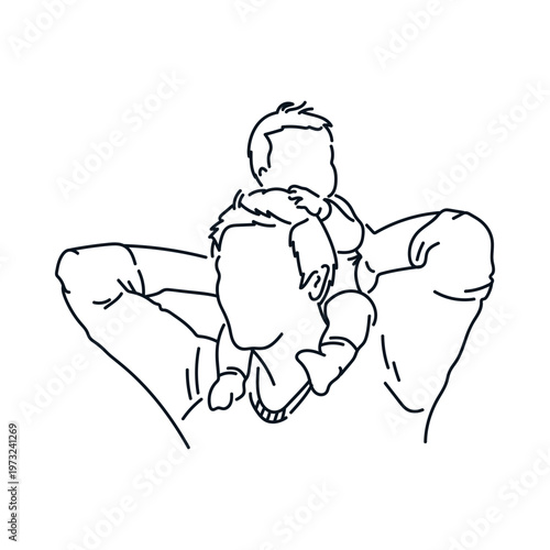 Father Carrying Child Son on Shoulders, Playing Together, Handdrawn Vector Sketch Illustration