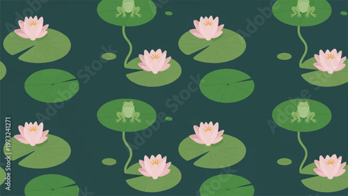 seamless pattern of frogs and lotus flowers on lily pads in water