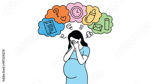 Pregnant woman with thought bubbles above her head feeling stressed and overwhelmed by parenthood
