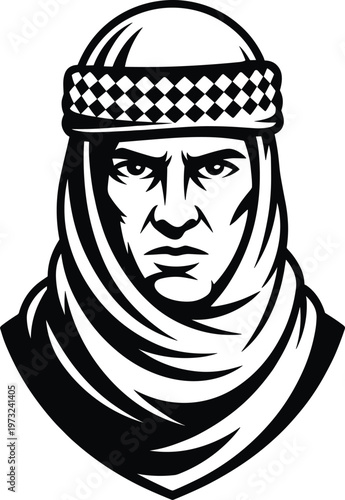 Middle Eastern man wearing traditional kaffiyeh headdress vector illustration, serious male portrait in black and white line art for cultural mascot logo