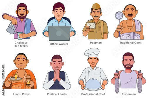 Indian Character Icon Set, Indian professions characters set including chef, fisherman, postman, priest, and other workers Icon illustration