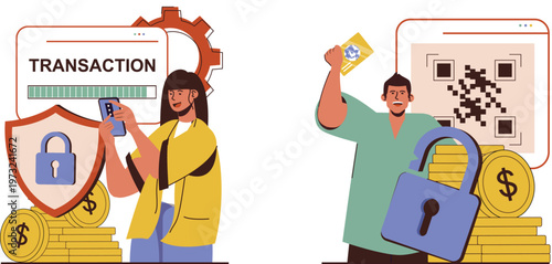 Secure digital transactions and cryptocurrency exchange depicted through illustrations