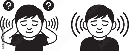 Two side-by-side icons depict contrasting auditory experiences: one person covers their ears with question marks above, while another person listens with radiating sound waves.