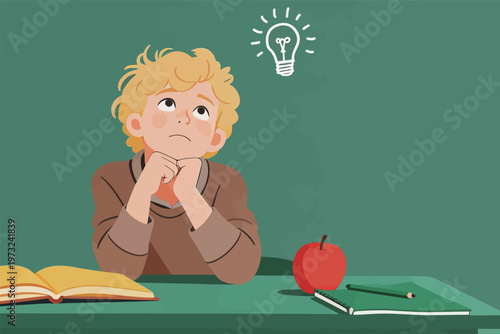 School Boy with Idea Bulb Thinking in Classroom