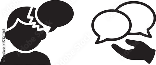 Silhouette of a person with a thought bubble showing a conversation icon next to a hand holding speech bubbles indicating dialogue or communication.