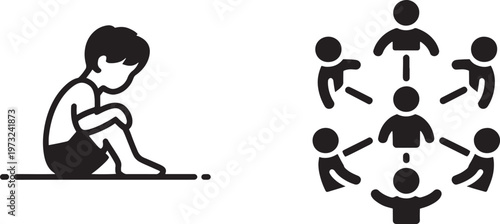 A solitary figure sitting alone in a withdrawn posture, juxtaposed with a circular arrangement of connected individuals, symbolizing isolation versus community and social connection.