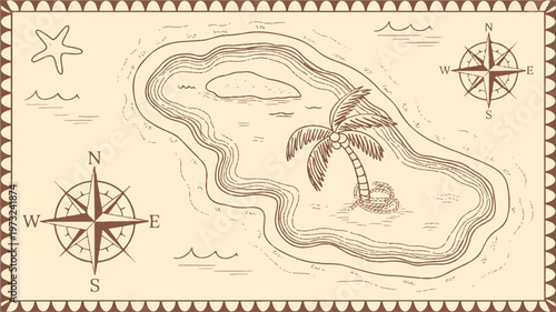 Vintage treasure map with compasses and palm tree on island  navigation chart