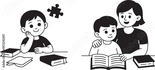 Child learning with a parent's guidance, showing progress from contemplation to understanding, symbolizing educational development and family support.