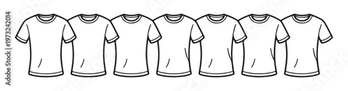 Row of seven t-shirt vector outlines isolated on white background, depicting casual clothing.