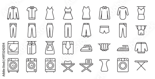 Set of laundry and clothing line icons, including washing machine, ironing, and garments.