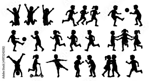 Active children silhouettes set, kids playing and running vector, 18 black icons