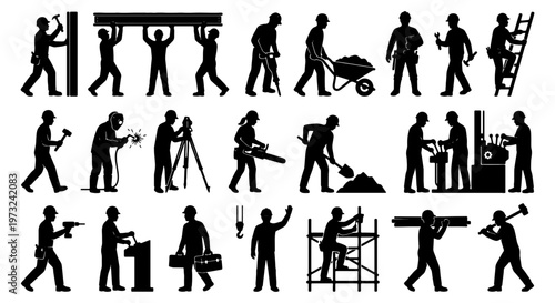 Construction worker silhouettes, 20 builder icons set, industrial labor vector graphics