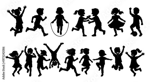 Active children silhouettes, kids playing and jumping set, 15 vector boy and girl icons