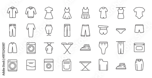 Laundry and clothing outline icons set, featuring washing, ironing, and various apparel items.
