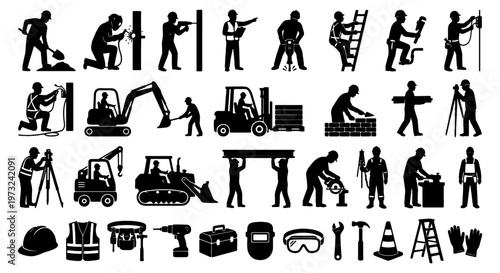 Construction worker silhouette set, builder icons and heavy machinery vector collection