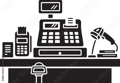 Cash Register with POS Terminal and Barcode Scanner Icon Set
