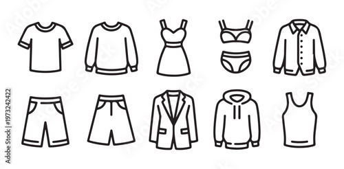 Line art clothing icons displaying casual and formal wear including hoodies jackets and summer beachwear.