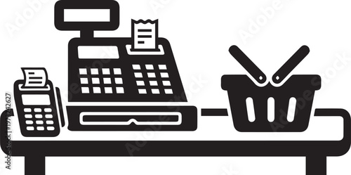 Cash Register and Shopping Basket Silhouette - Retail Checkout Icon