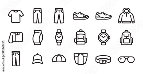 Set of male clothing and accessories line icons, casual fashion stuff outline vector illustration.