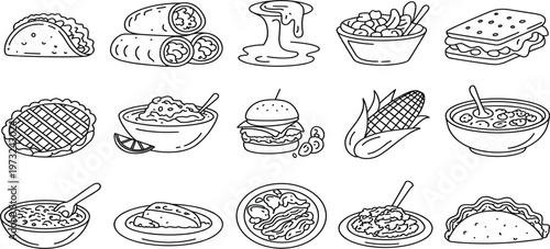 Mexican food and fast food sketches set with tacos, burritos, nachos and burger, isolated vector icons