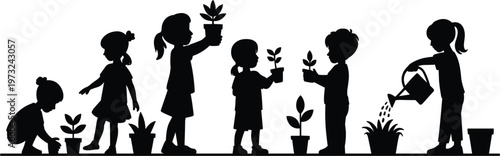 Children gardening silhouettes set with kids planting and watering flowers in pots, isolated vector design