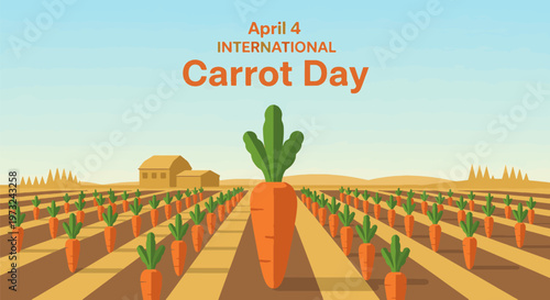 International Carrot Day April 4 Farm Illustration, Large Carrot in Agricultural Field with Rows of Crops, Organic Farming and Healthy Food Concept Flat Vector Design